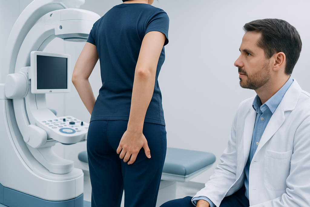 Medical professional examining a patient for buttock pain in a clinical setting.