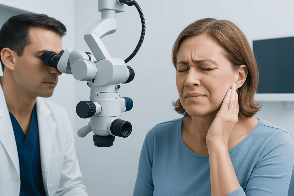 Doctor examining patient's ear with a microscope in a clinic setting.