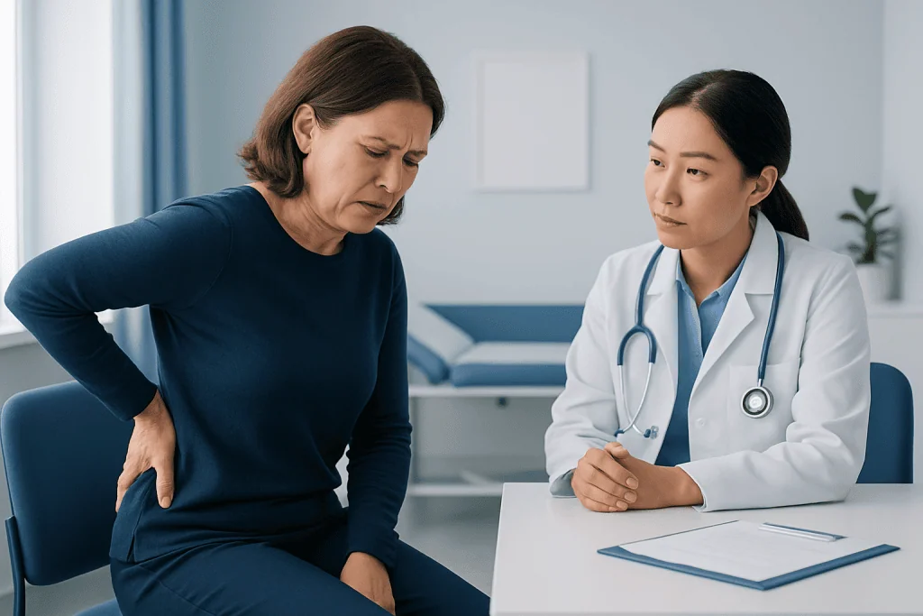 Doctor consulting with a woman experiencing back pain at a hospital.