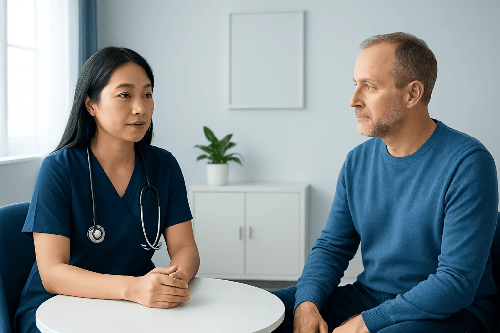 Doctor consulting with male patient in a medical office.