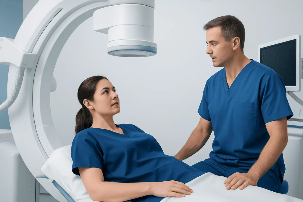 Medical professionals preparing a patient for a scan in a hospital setting.
