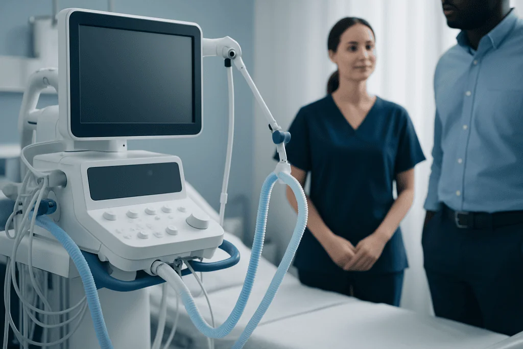 Medical ventilator machine in hospital room with healthcare professionals.