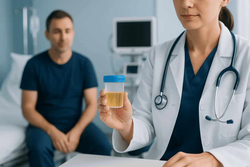 Doctor holding urine sample in a hospital setting with patient in background.