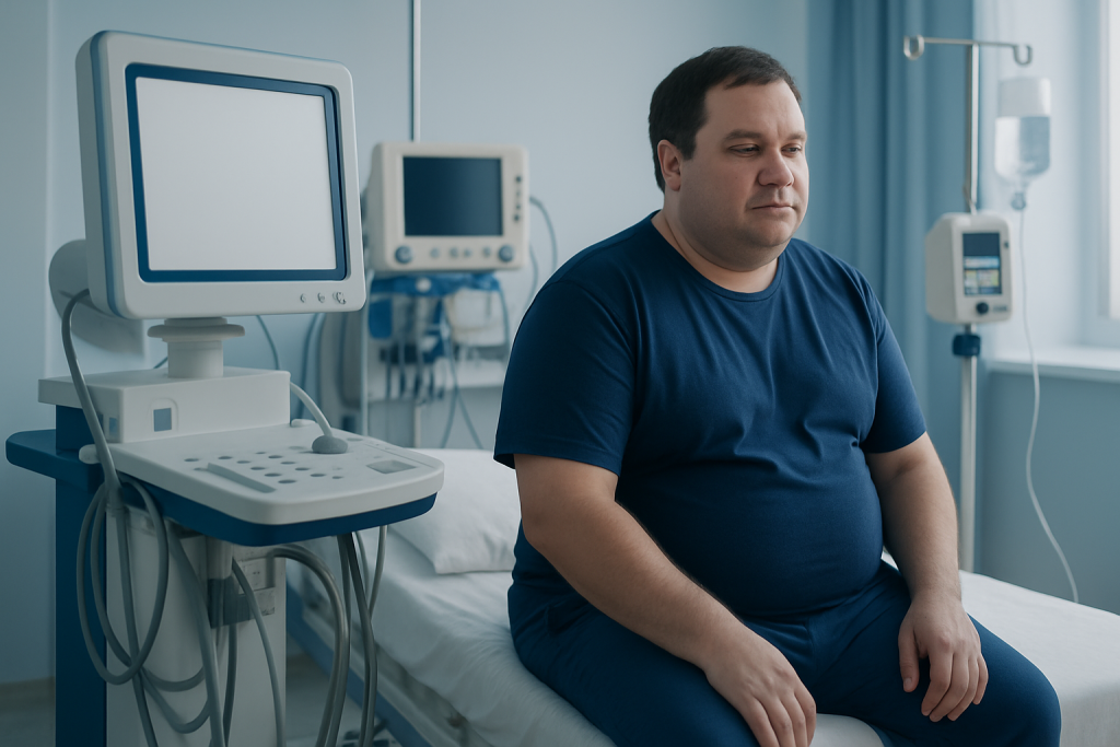 Man sitting on hospital bed in medical examination room with monitors.