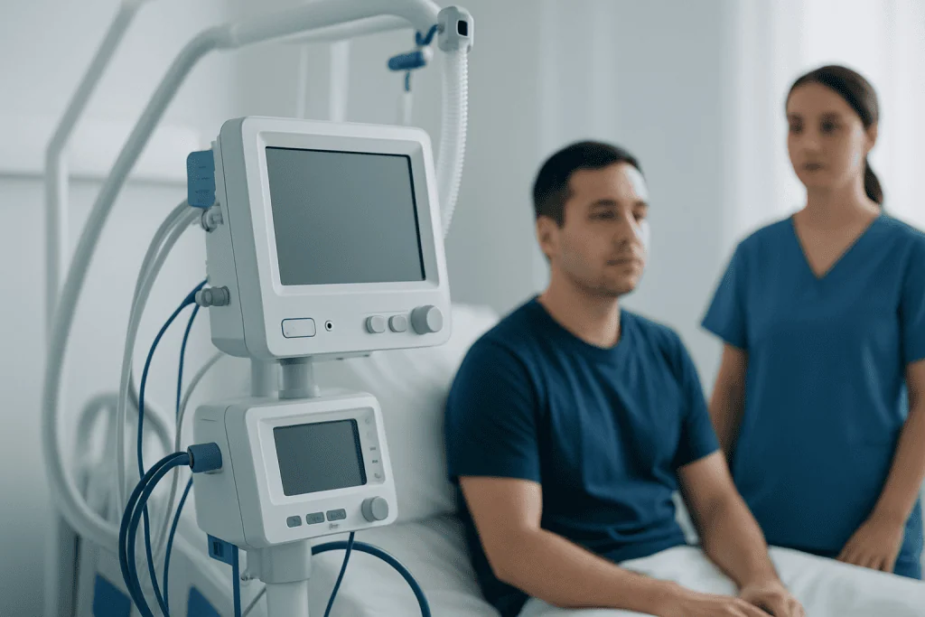 Patient in hospital bed with medical monitors and healthcare staff nearby.