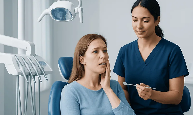 Dentist examining patient's mouth in a dental clinic setting.
