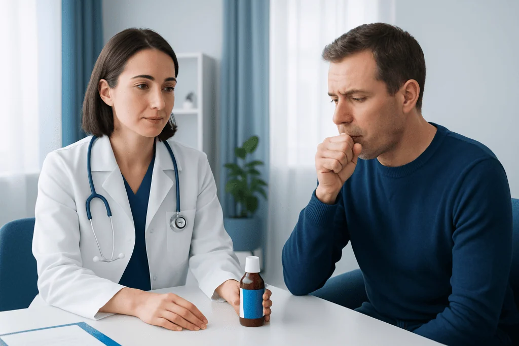 Doctor advising patient on cough medication in a clinical setting.