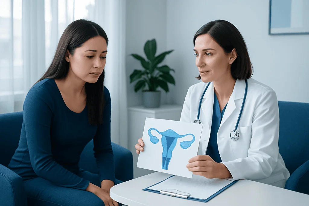 Gynecologist explaining ovarian health to a patient with a diagram.