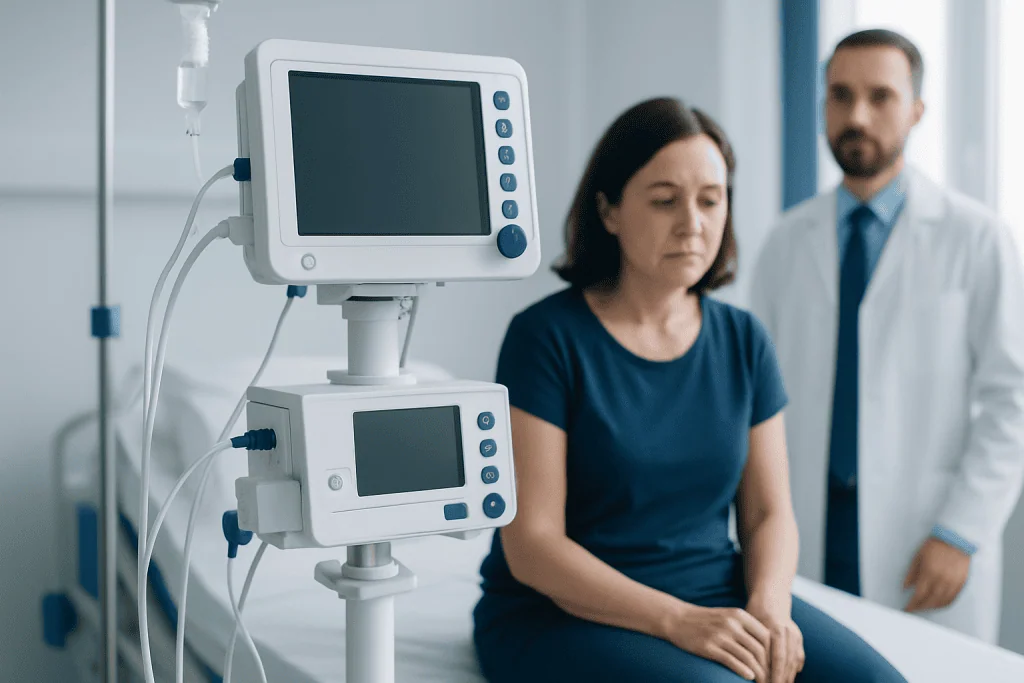Patient in hospital bed with medical monitors and doctor nearby.