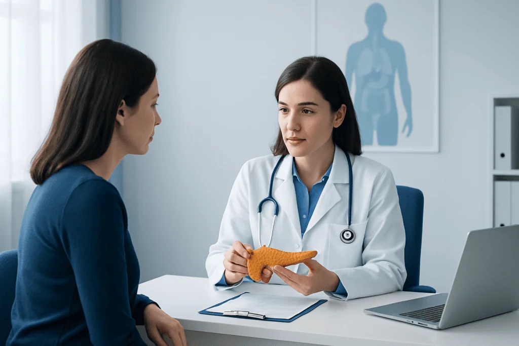 Doctor explaining pancreas health to patient in a medical consultation.