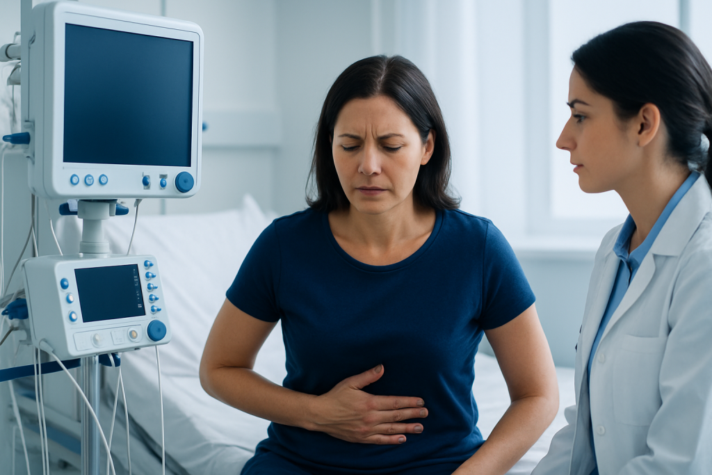 Woman experiencing abdominal pain in hospital with medical staff nearby.