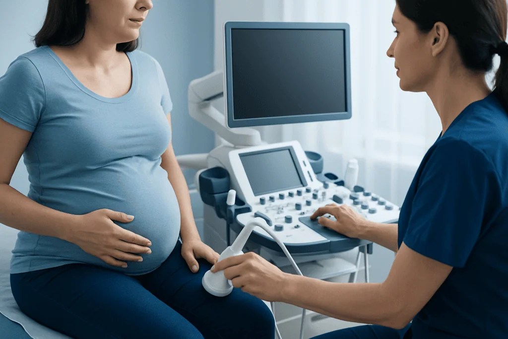 Pregnant woman undergoing ultrasound examination at a hospital.