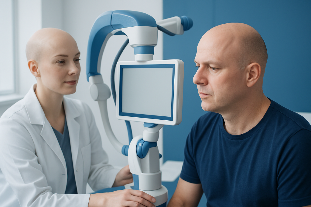 Medical professional examines male patient with advanced eye imaging equipment.