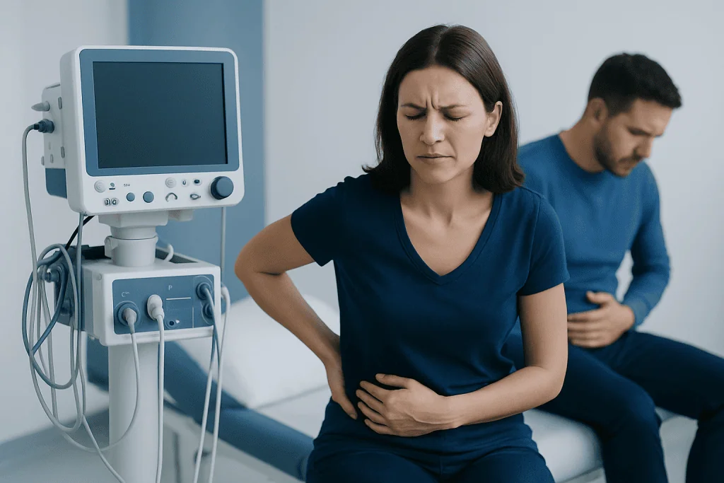 Woman experiencing abdominal pain in a hospital setting with medical equipment nearby.
