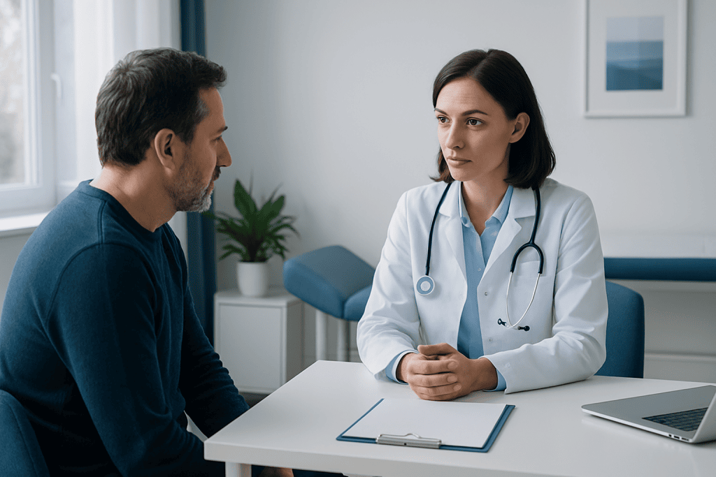 Doctor consulting with a patient in a modern medical office.