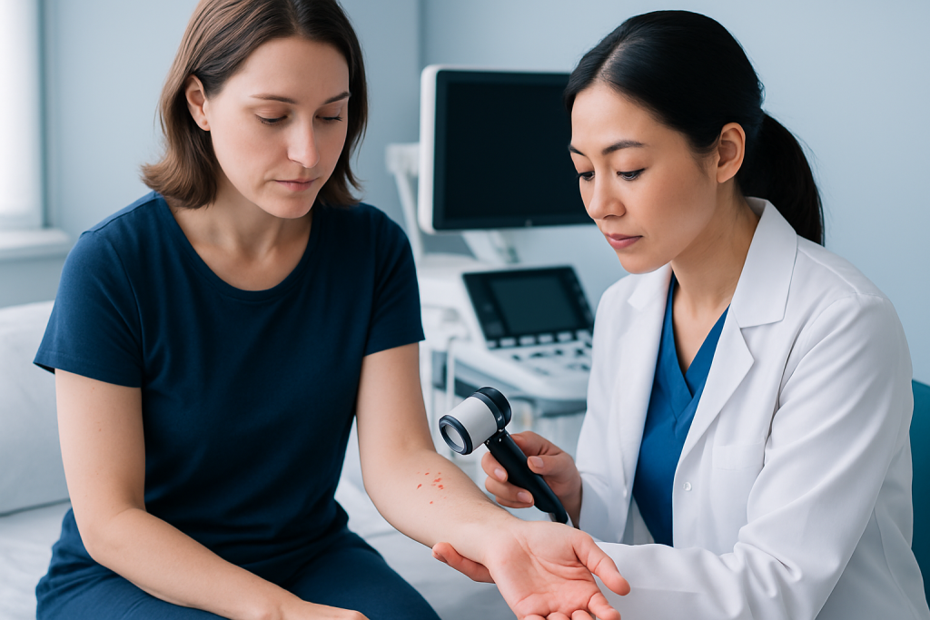 Doctor examining skin bumps on patient's arm in a clinical setting.