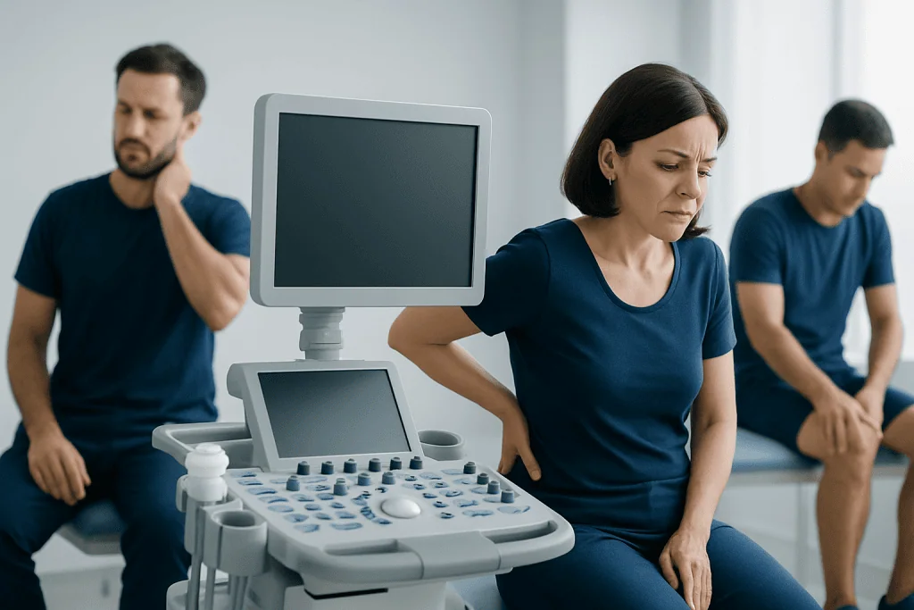 Patients experiencing discomfort during a medical ultrasound examination.
