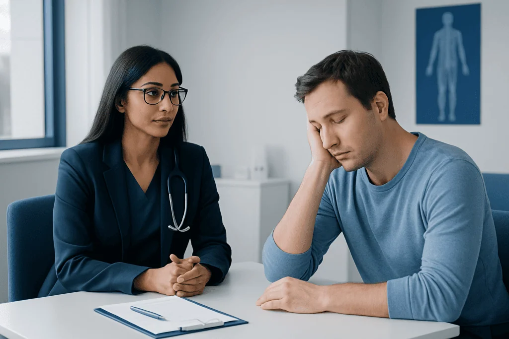Doctor consulting with a tired patient in a medical office.