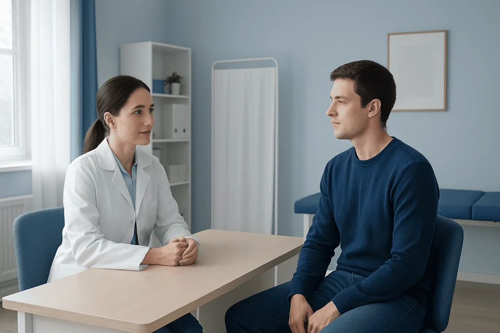 Doctor consulting with a male patient in a modern clinic room.