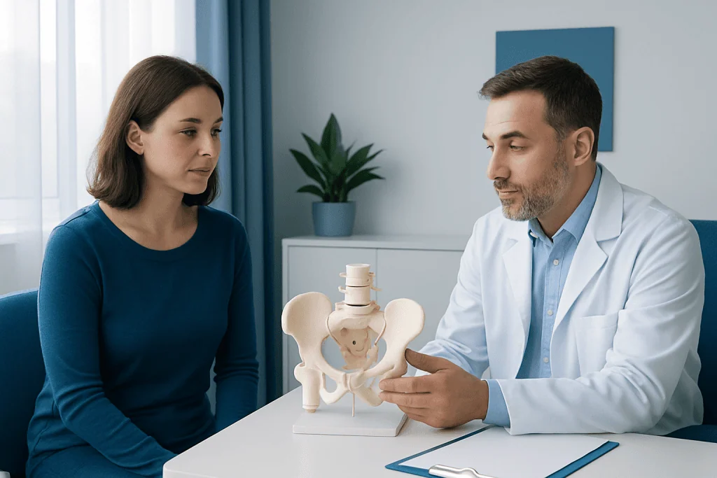 Doctor explaining pelvic anatomy with model to female patient in clinic.