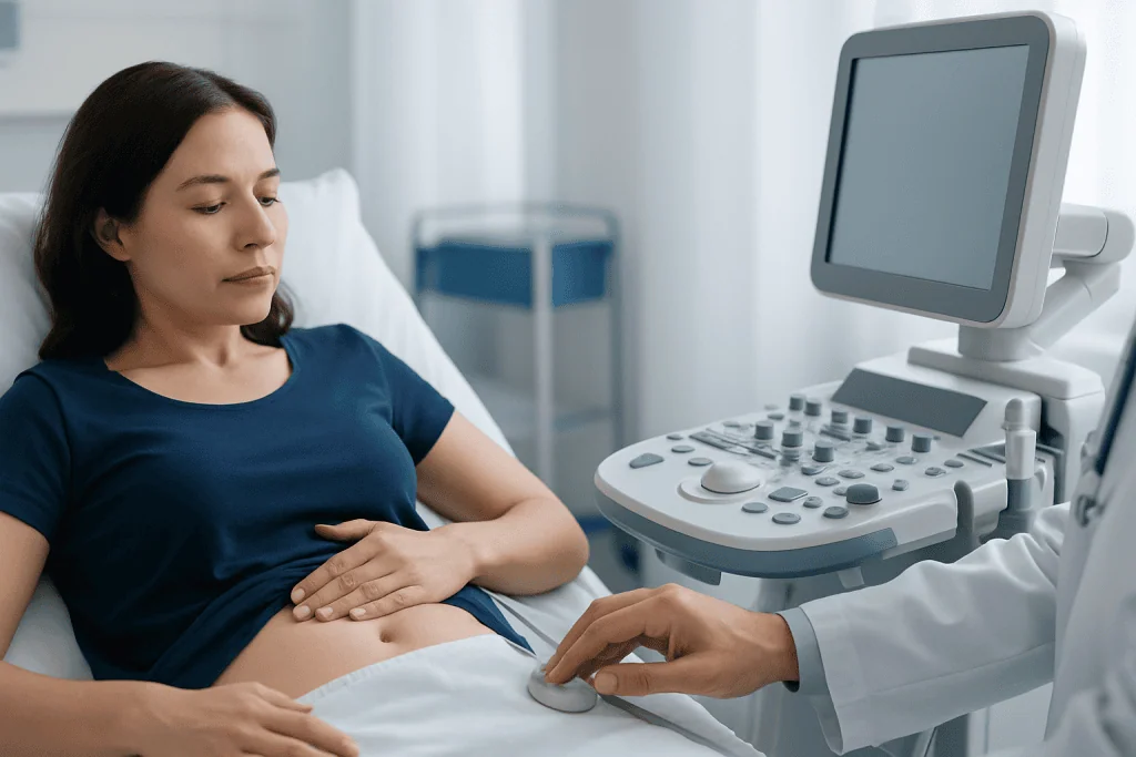 Pregnant woman undergoing ultrasound examination at hospital.