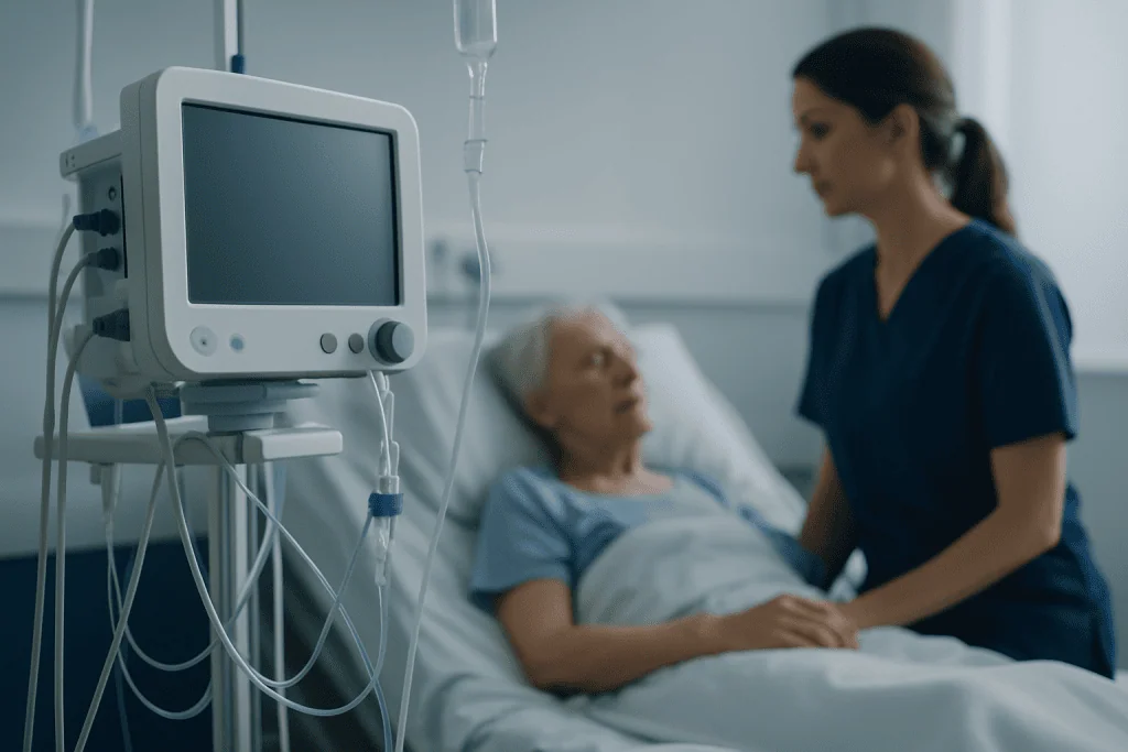 Hospital nurse caring for elderly patient in a hospital room.