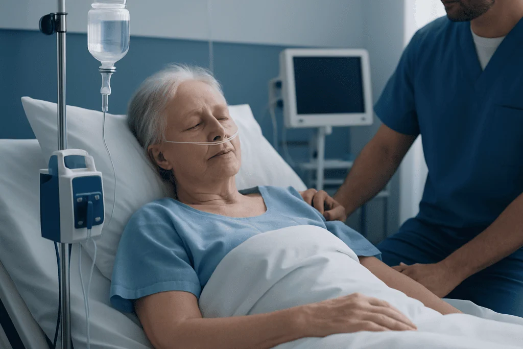 Elderly patient in hospital bed with medical equipment and nurse nearby.