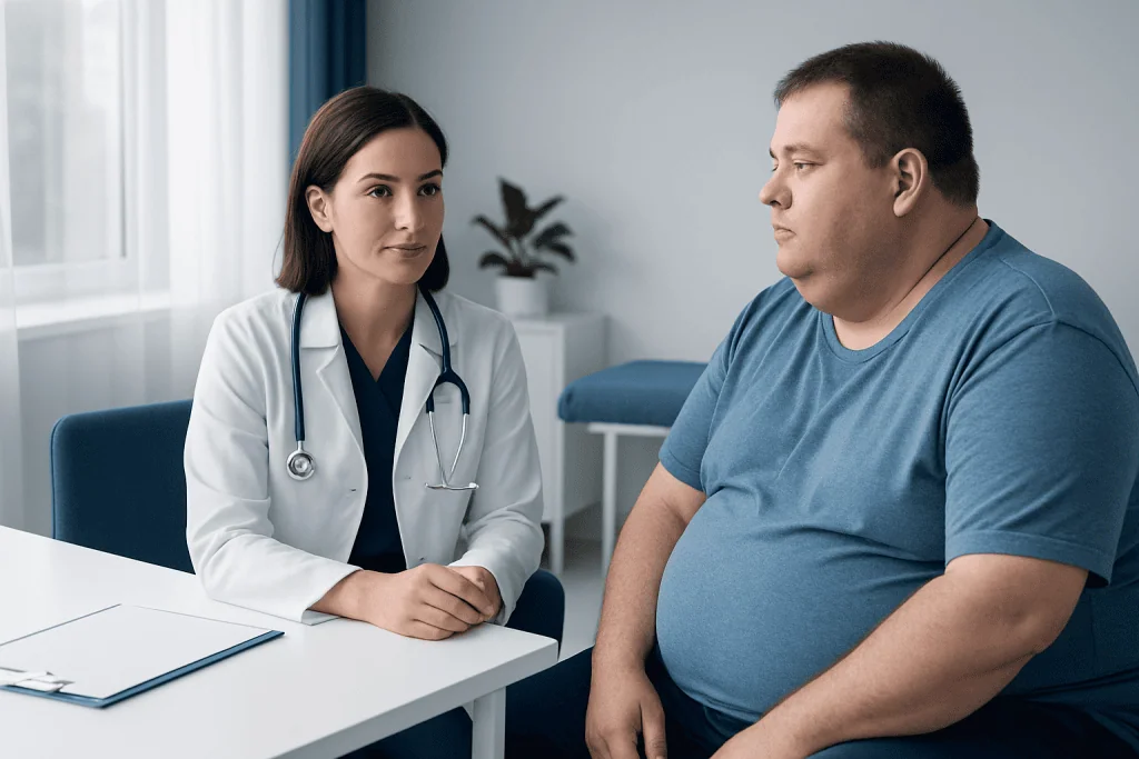Doctor consulting with a patient about bariatric surgery recovery.