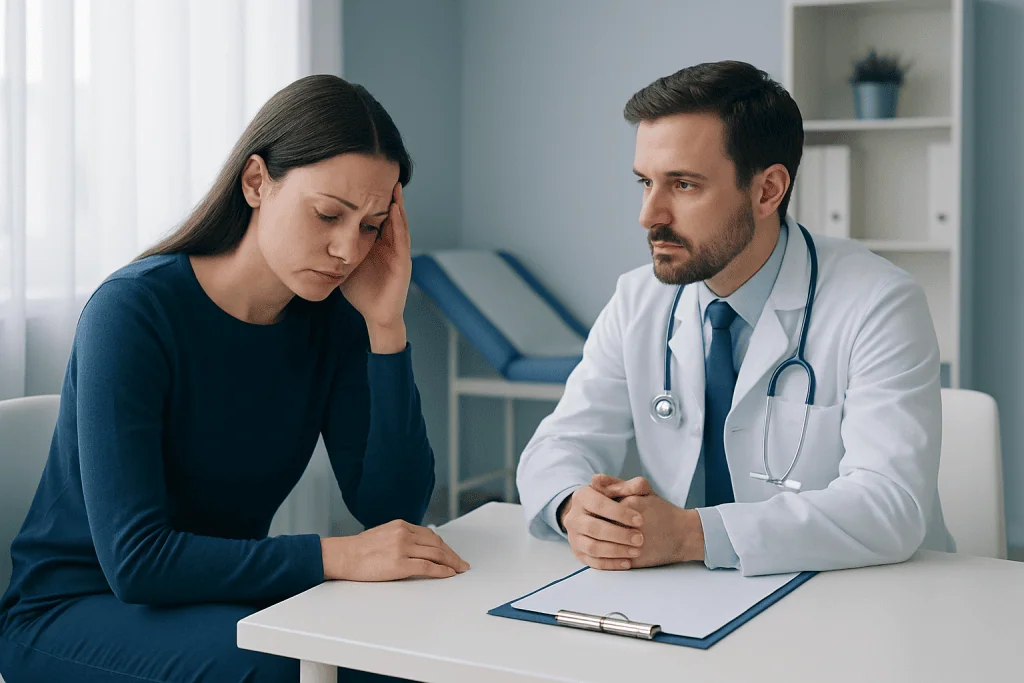 Doctor consulting with a stressed woman in a medical office.