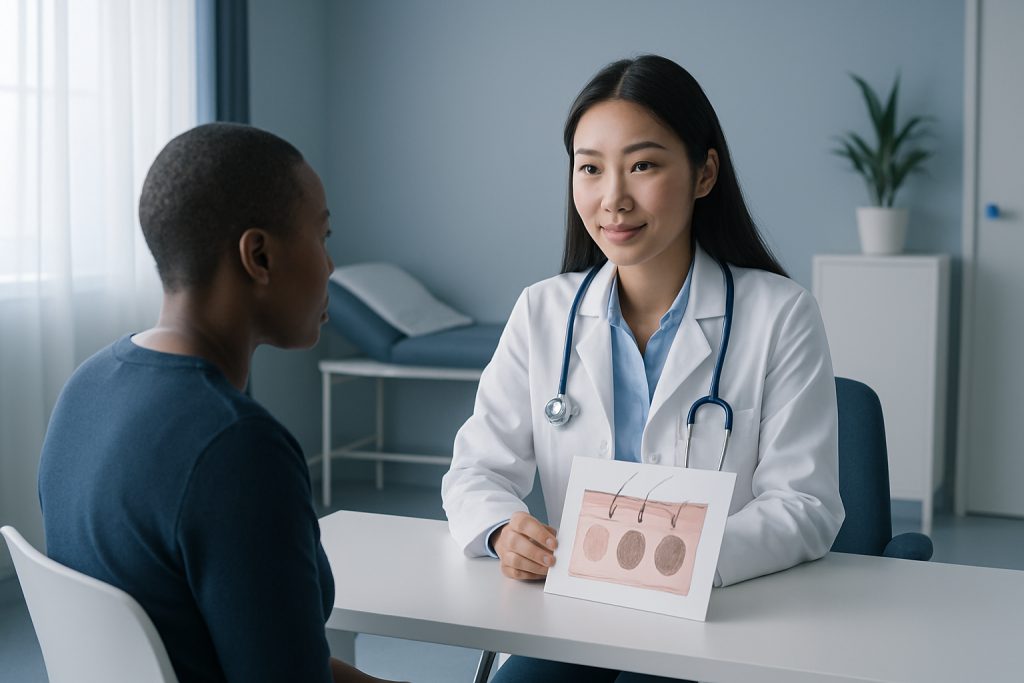 Doctor explaining skin layers to patient in a medical consultation.