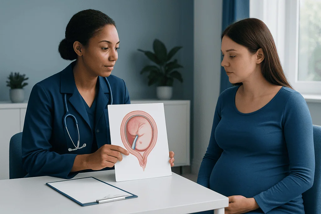 Doctor explaining pregnancy ultrasound to a patient in a clinic setting.