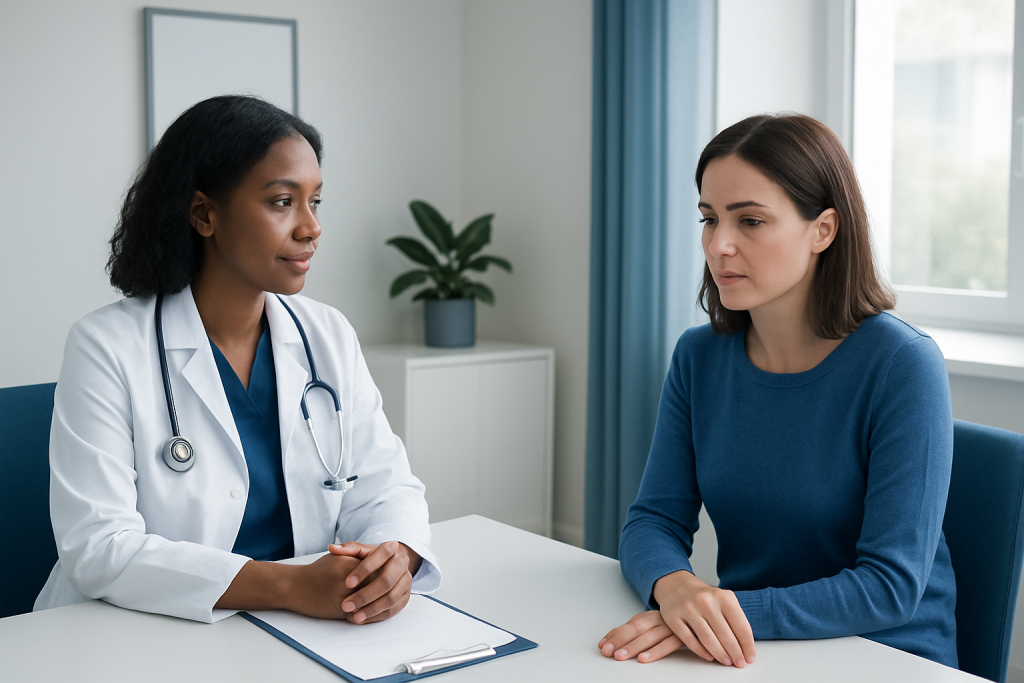 Doctor consulting with a patient in a modern medical office.