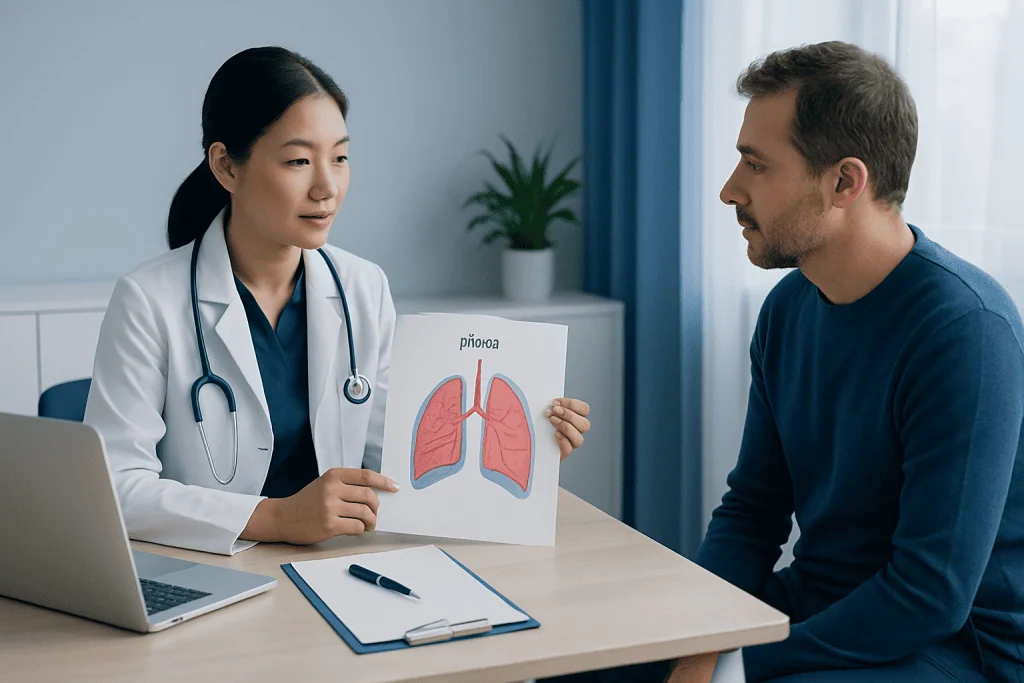 Doctor explaining lung anatomy to patient during consultation at Acibadem Hospital.