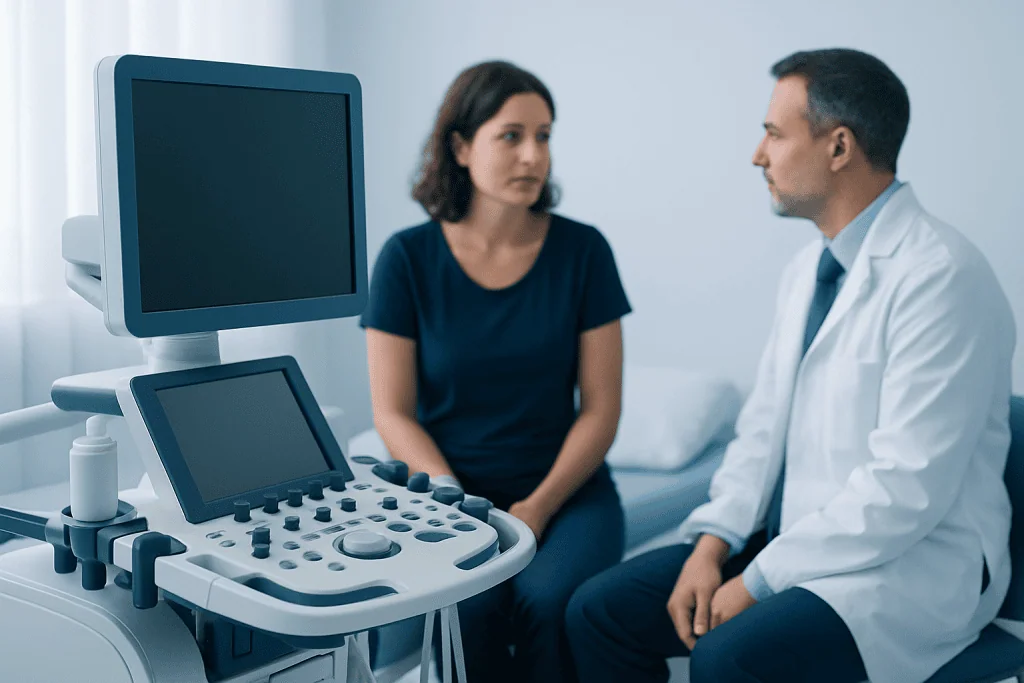 Doctor and patient discussing symptoms in a medical consultation room.