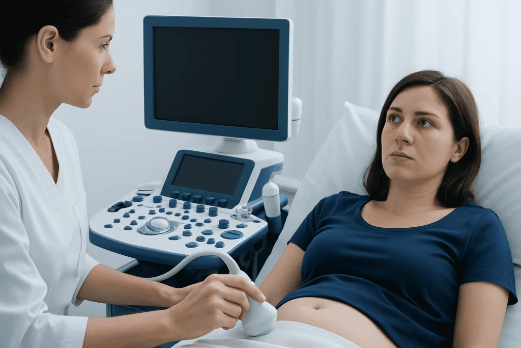Medical professional performing an ultrasound on a woman patient in a clinical setting.