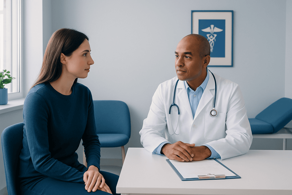 Doctor consulting with a patient in a modern medical office.