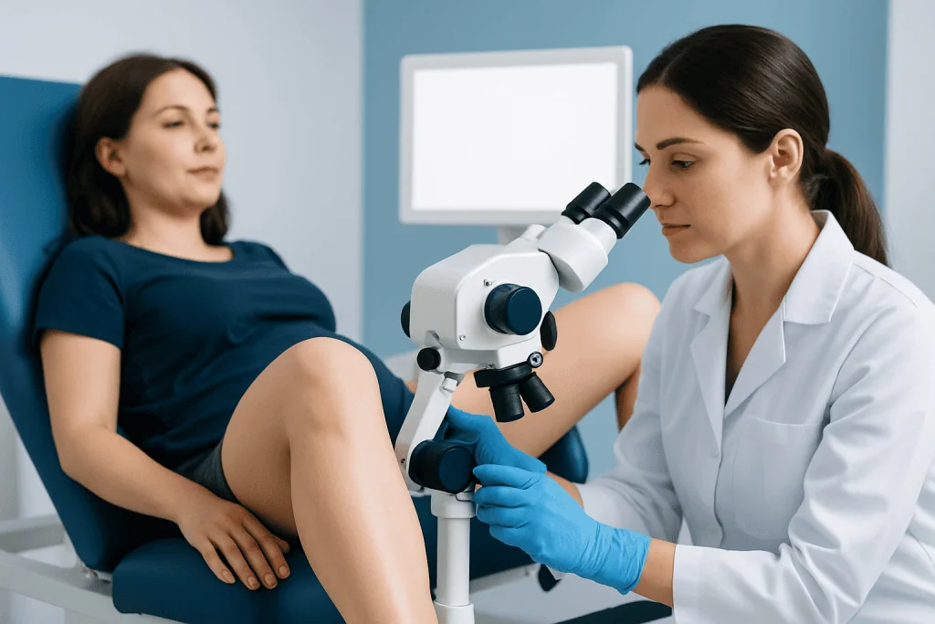 Gynecologist examining patient with microscope in clinic.