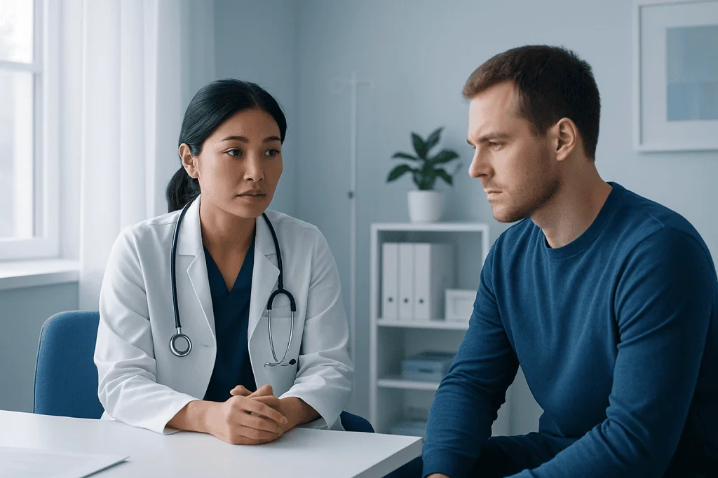 Doctor consulting with a patient in a modern medical office.