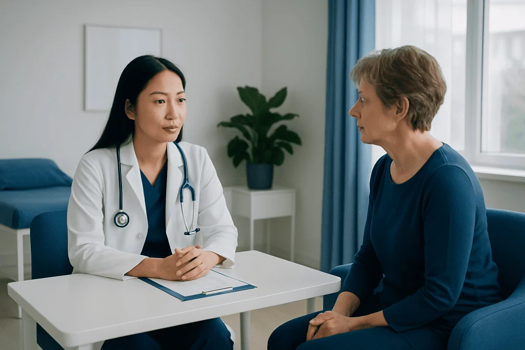 Doctor consulting with a patient in a modern medical office.