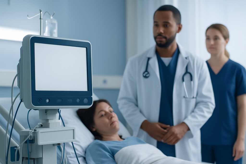 Hospital room with patient and medical staff, medical monitor in foreground.