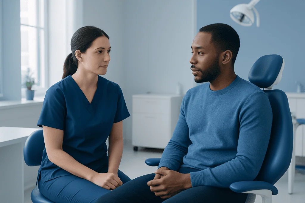 Patient consulting with a healthcare professional in a modern clinic.