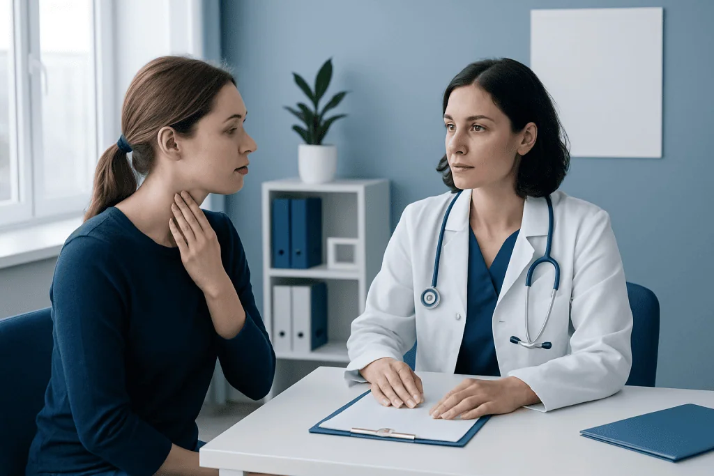 Doctor consulting with a young woman about tonsil health in a medical office.