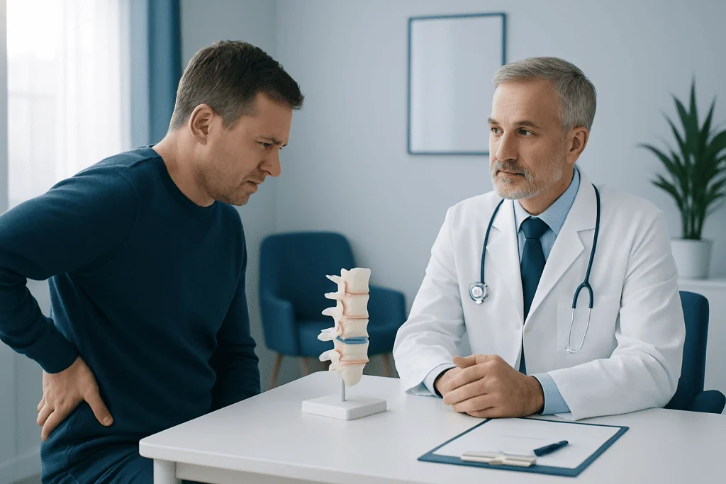 Doctor explaining spinal disc model to patient in consultation room.