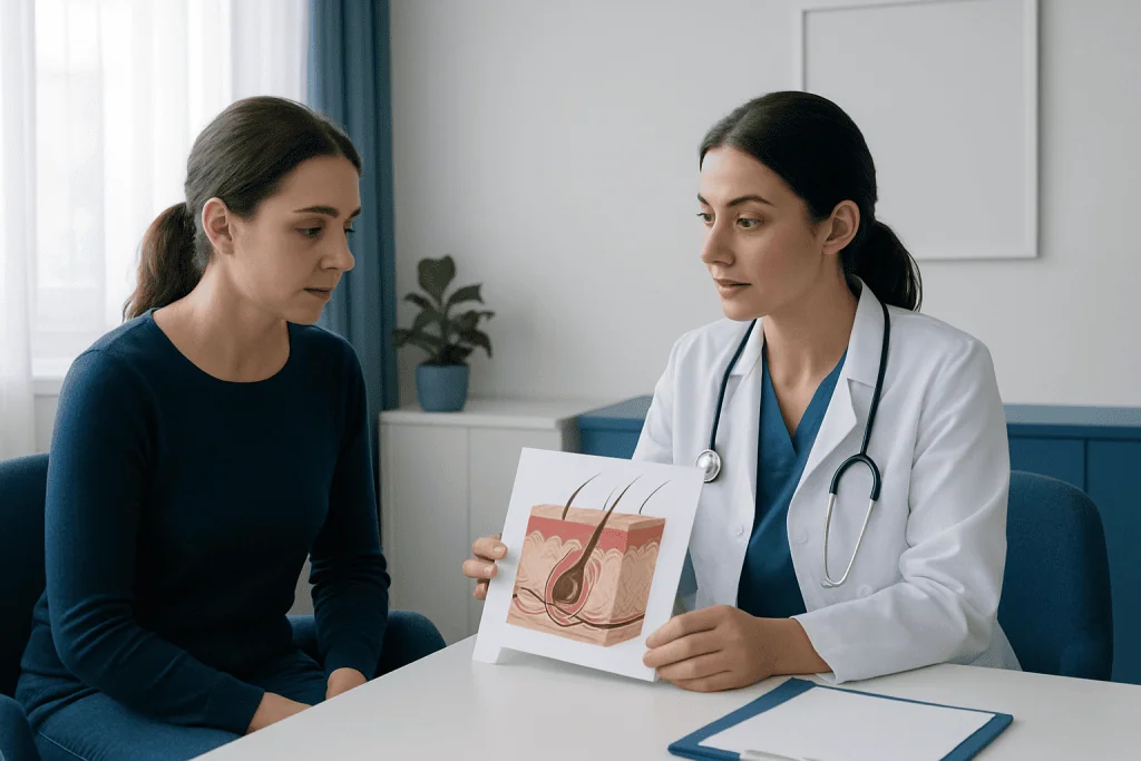 Dermatologist explains skin structure to patient with skin diagram.
