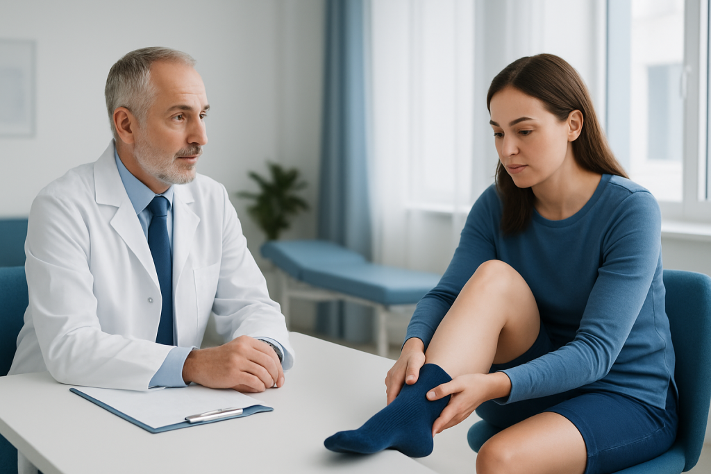 Doctor examining patient's leg in a medical consultation room.