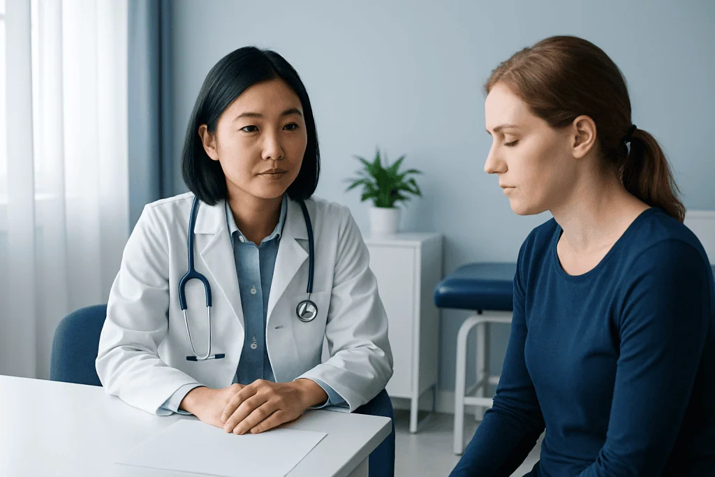 Doctor consulting with a female patient in a medical office.