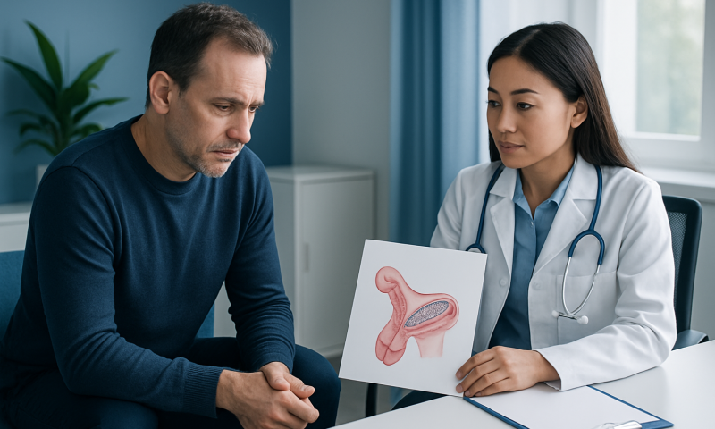 Doctor explaining male reproductive anatomy to patient with diagram.