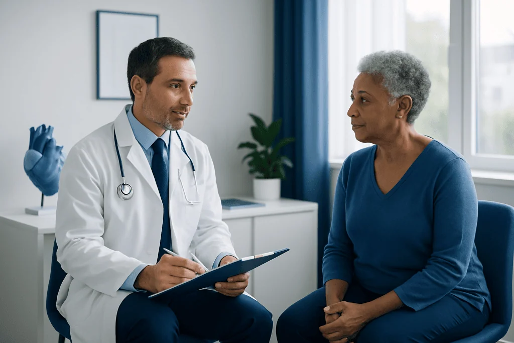 Interventional cardiologist consulting with an elderly female patient in a medical office.