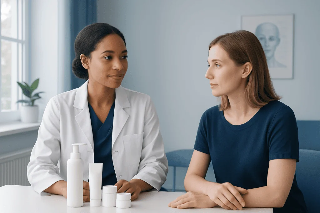 Dermatologist consulting with patient about skin care products at clinic.