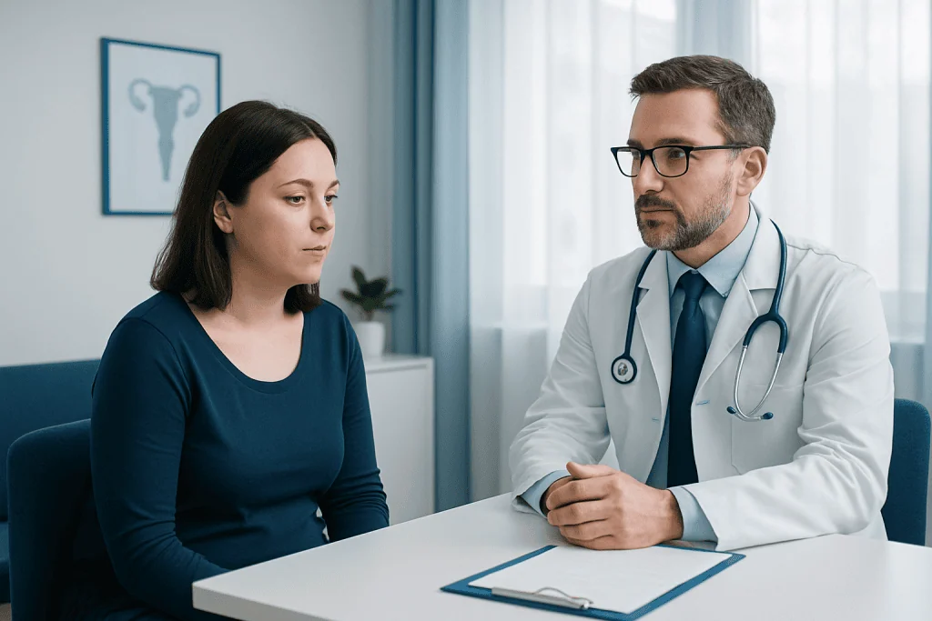 Doctor consulting female patient in a medical office with a uterus diagram.